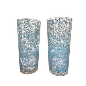 VTG Hazel Atlas Spaghetti String Drizzle Glass Blue Set Of Tumblers 12 oz